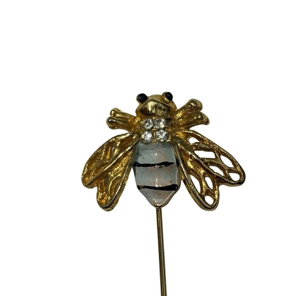Vintage Gold Tone White Enamel Rhinestone Bumble Bee Insect Stick Pin